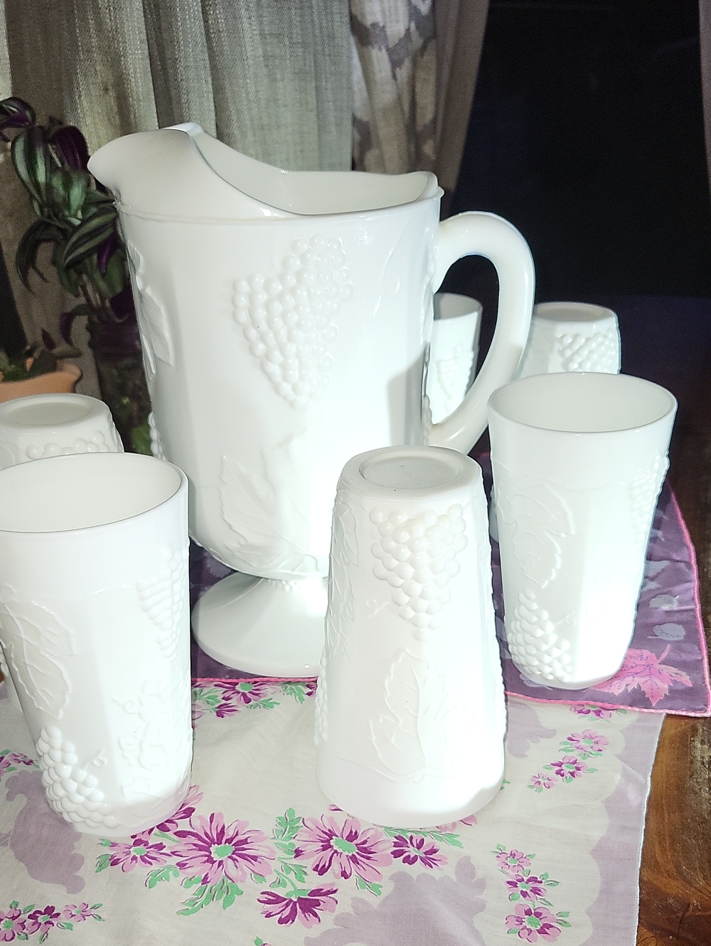 Vintage Indiana Glass "Harvest" milk glass pitcher and tumblers set